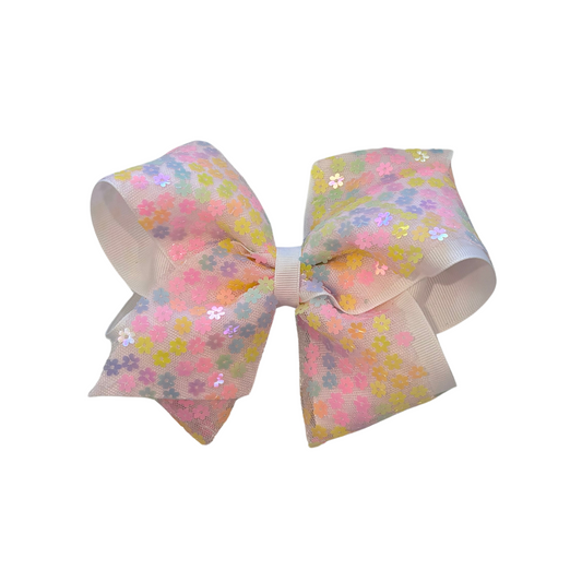 King Flower Sequin Tulle Overlay Grosgrain Hair Bow | Multi Pastel