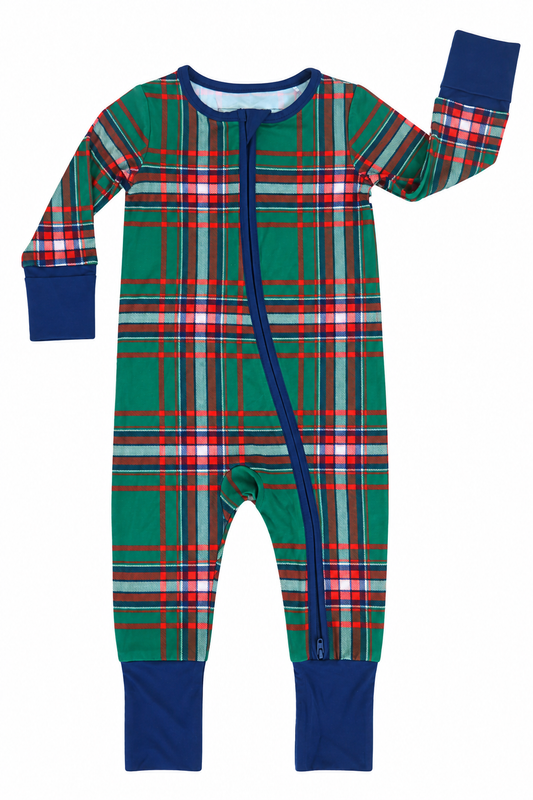 Zipper Romper | Christmas Plaid Green