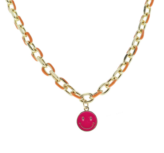 Kids Orange Chain and Hot Pink Happy Face Disc Necklace