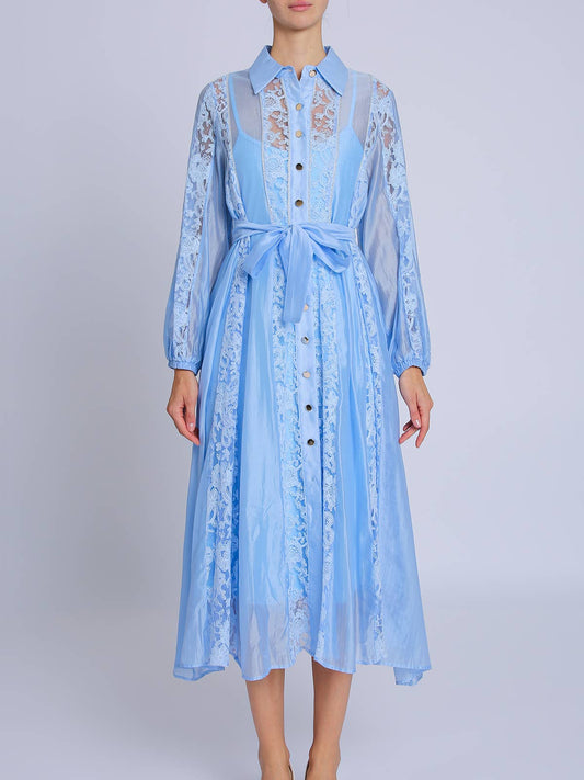 Lined Floral Embroidered Lace On Sheer Midi Dress | Blue