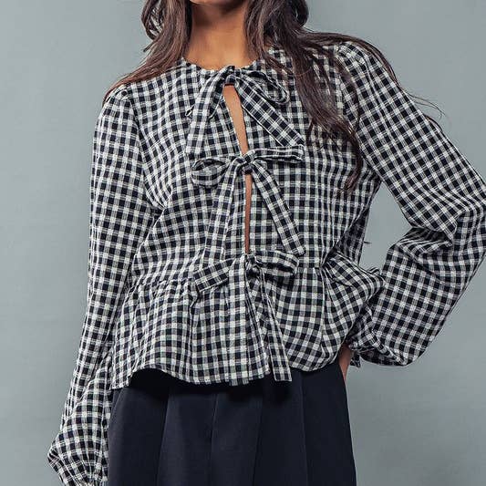 Gingham Babydoll Bow Tie Top