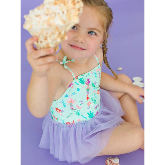 Girls Tie Shoulder One Piece | Mermaid Princess w Tulle Skirted