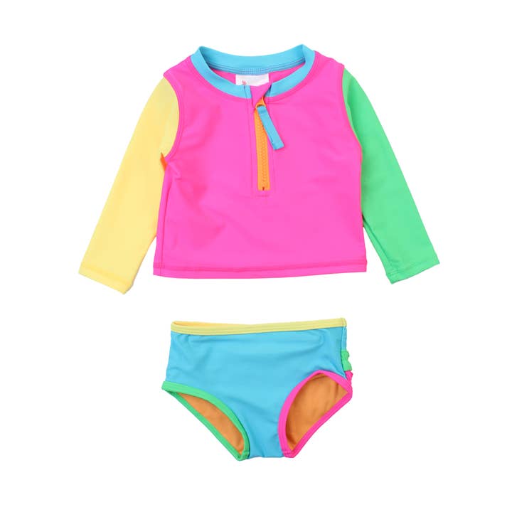 Girls Neon Color Block Long Sleeve Zipper Rash Guard 2-Piece