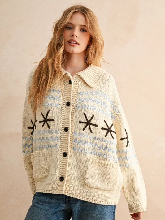 Snow Flake Pattern Button Front Sweater Jacket