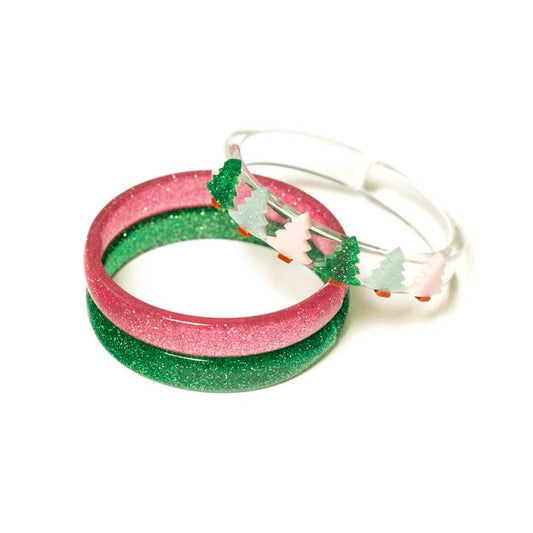 Christmas Tree Multi Glitter Pink + Green Bangle Set