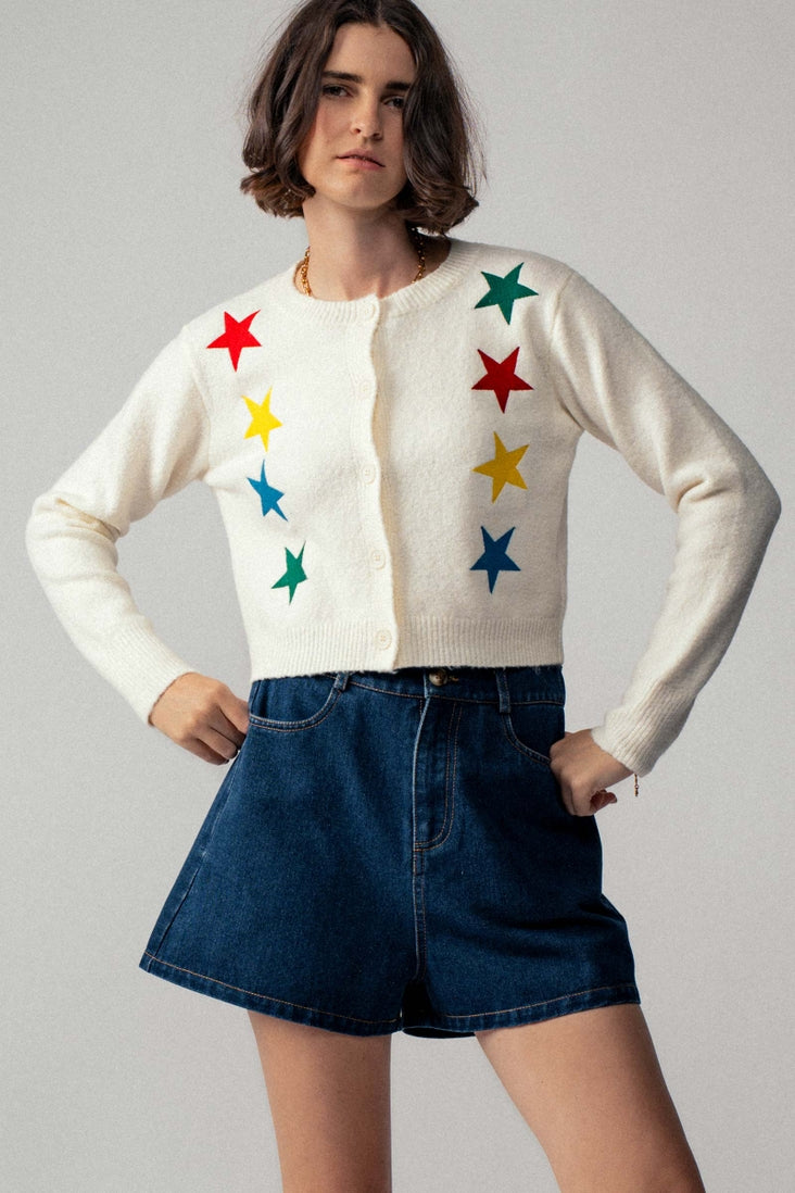 Cropped Button Up Knit Cardigan Sweater | Ivory with Stars
