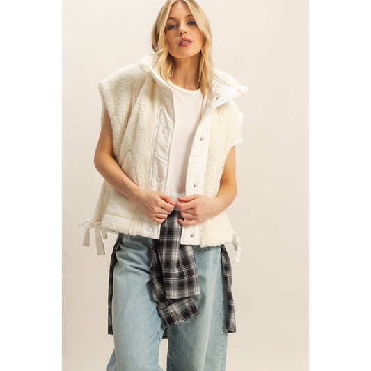 Cozy Sherpa Vest Jacket with Tie-Up Side Details | White