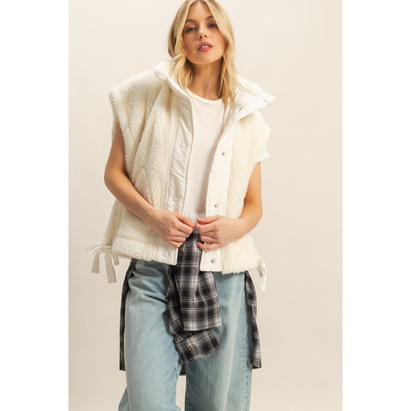 Cozy Sherpa Vest Jacket with Tie-Up Side Details | White