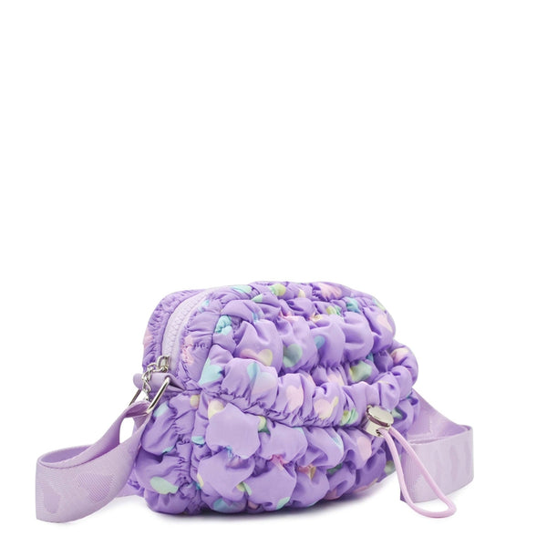 Quilted Scrunchies Printed Mini Drawstring Crossbody Bag | Lavender Heart Print