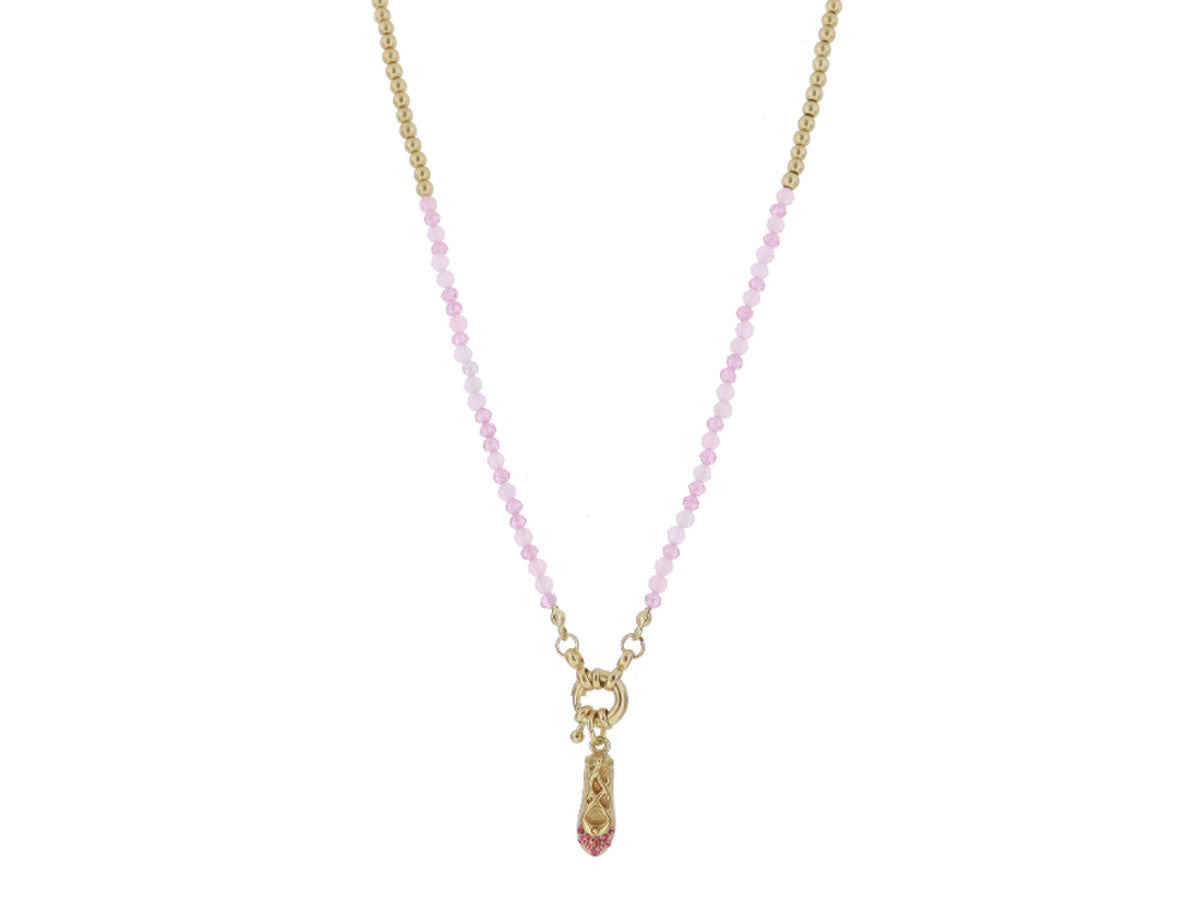 Kids Mini Gold Ball And Pink Zicron Faceted Beaded with Gold Ring and Gold with Pink Crystal Ballet Slipper Necklace