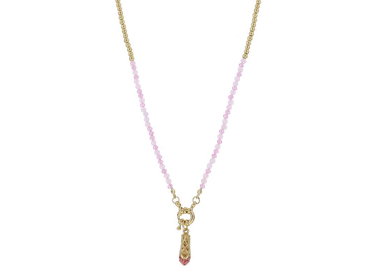 Kids Mini Gold Ball And Pink Zicron Faceted Beaded with Gold Ring and Gold with Pink Crystal Ballet Slipper Necklace