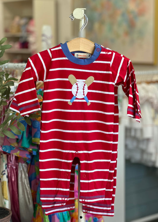Boys LS Striped Baseball and Bats Romper | Deep Red and White