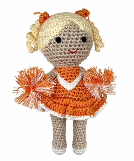 Cheerleader Bamboo Crochet Rattles 5in | Orange and White