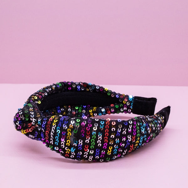 Rainbow Confetti Sequin Knot Headband | Black