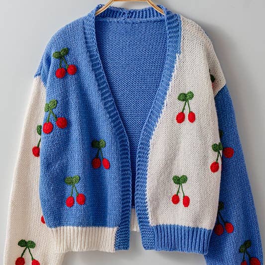 Cherry Paradise Crochet Knit Cardigan | Blue