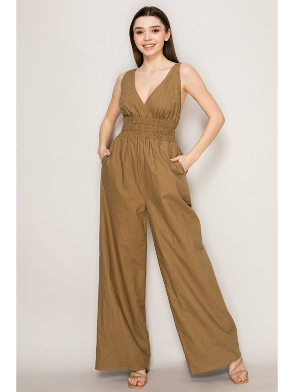 Sleeveless V-Neck Jumpsuit | Olive