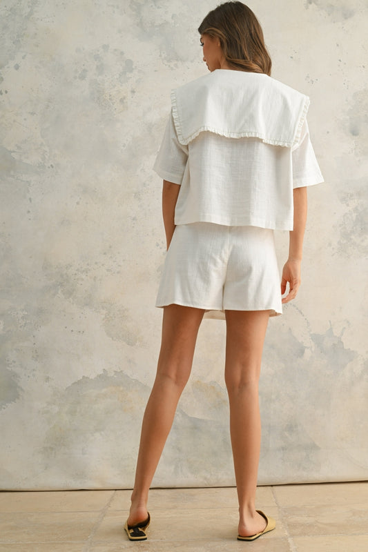 Linen Collared Short Sleeve Skort Set | White