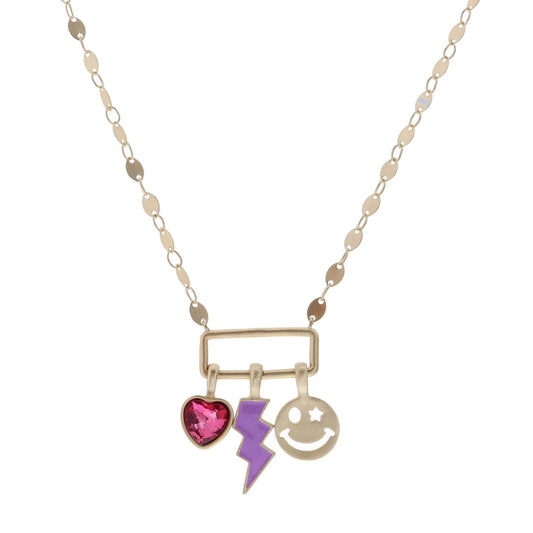 Kids 14" Pink Crystal Heart, Lightning, Happy Face Necklace