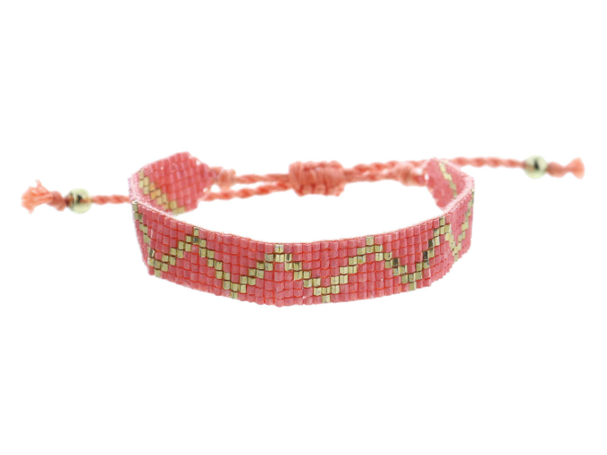 Kids Coral and Gold Zigzag Woven Beaded Band Bracelet