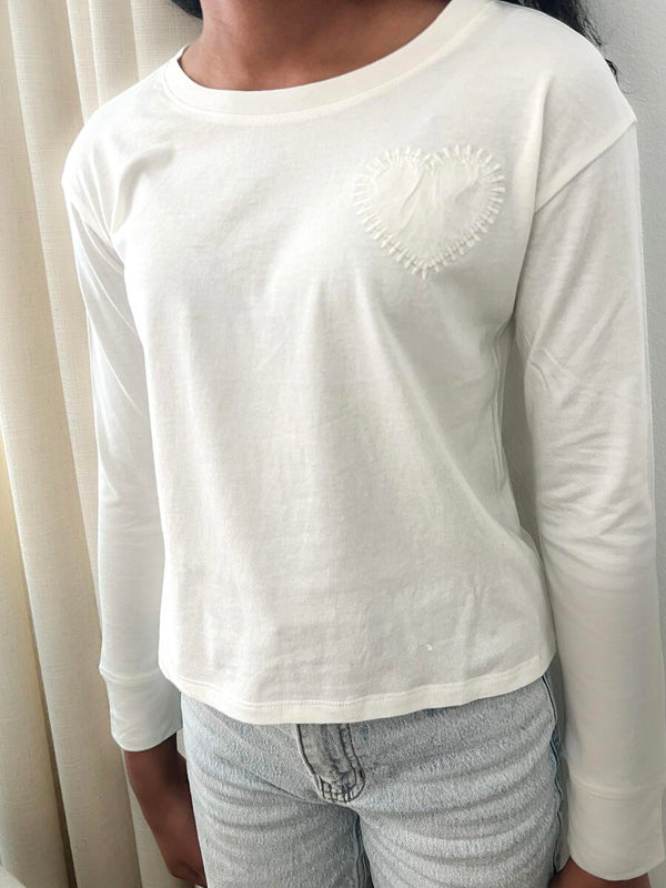 Long Sleeve Heart Applique Top | Cream