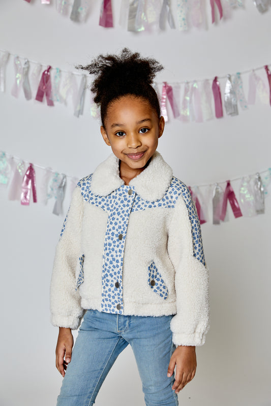 Cream Sherpa Coat With Blue Flower Detail