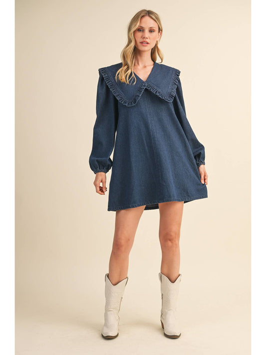 Long Sleeve Relaxed Fit Ruffled Collar Denim Dress