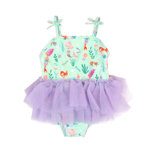 Girls Tie Shoulder One Piece | Mermaid Princess w Tulle Skirted