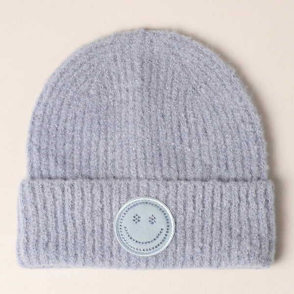 Happy Face Patch Ribbed Cuff Beanie | Denim, Pink or Off White