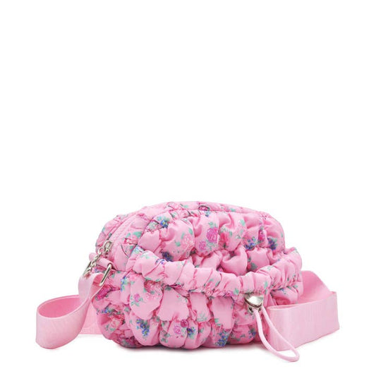 Quilted Scrunchies Printed Mini Drawstring Crossbody Bag | Pink Floral Print