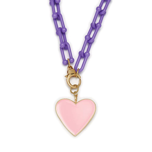 Kids 15" Pink Heart Charm with Purple Chain Necklace