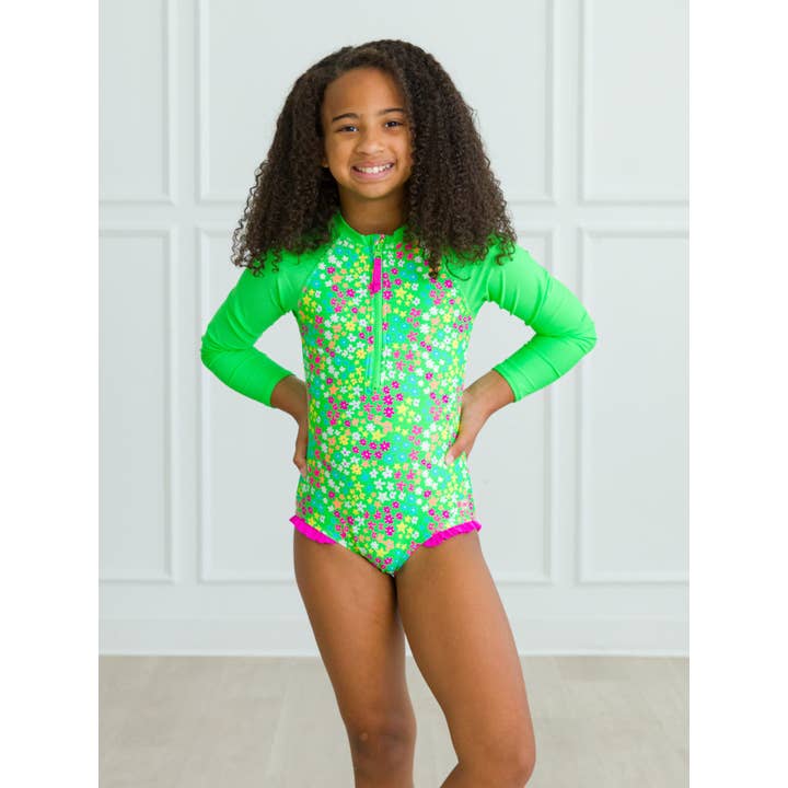 Girls Neon Floral Long Sleeve Rash Guard One Piece | Green