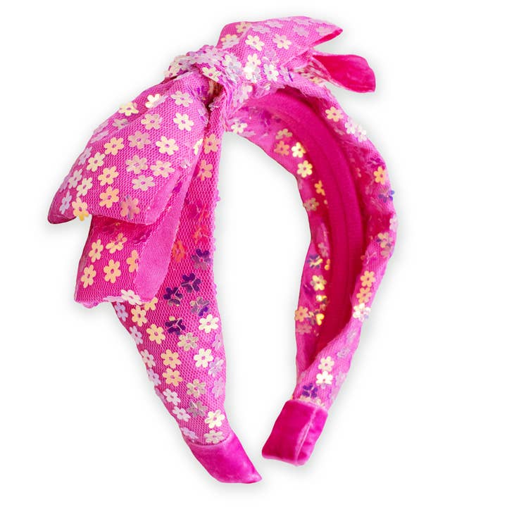 Big Bow Headband - Double Layer Sequin Hot Pink