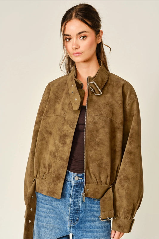 Vintage Vegan Leather Belted Bomber Jacket