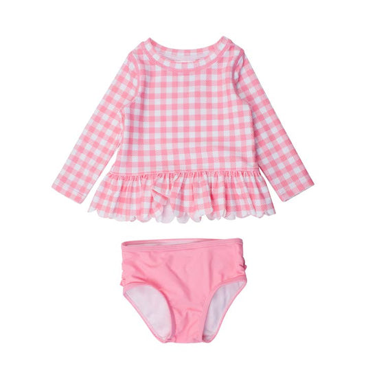 Girls Bubblegum Gingham Scalloped Long Sleeve Rash Guard 2-Piece