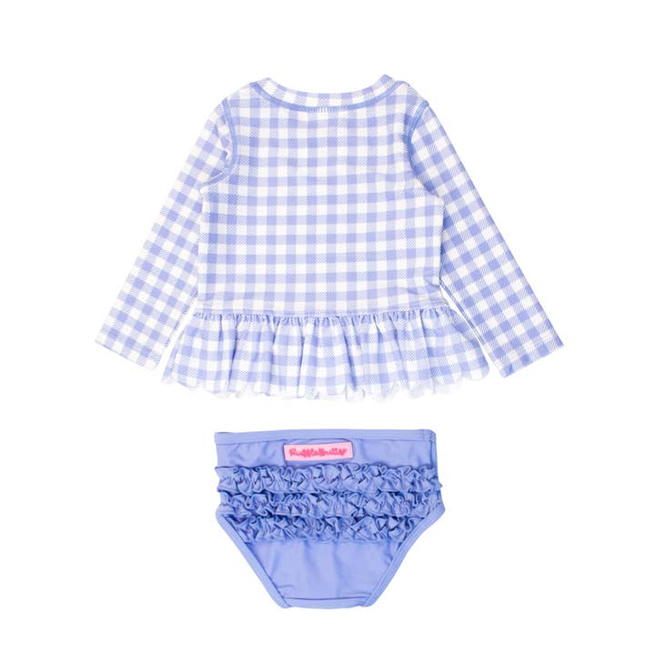 Periwinkle Blue Gingham Scalloped Long Sleeve Rash Guard 2-Piece