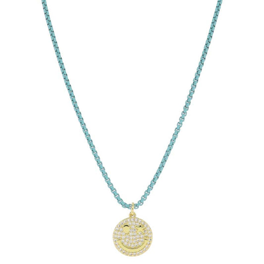 Kids Turquoise Box Chain with Star Eye Happy Face Necklace