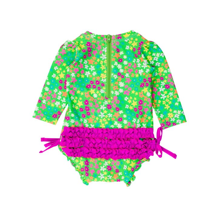 Baby Girls Neon Floral Long Sleeve One Piece Rash Guard | Green