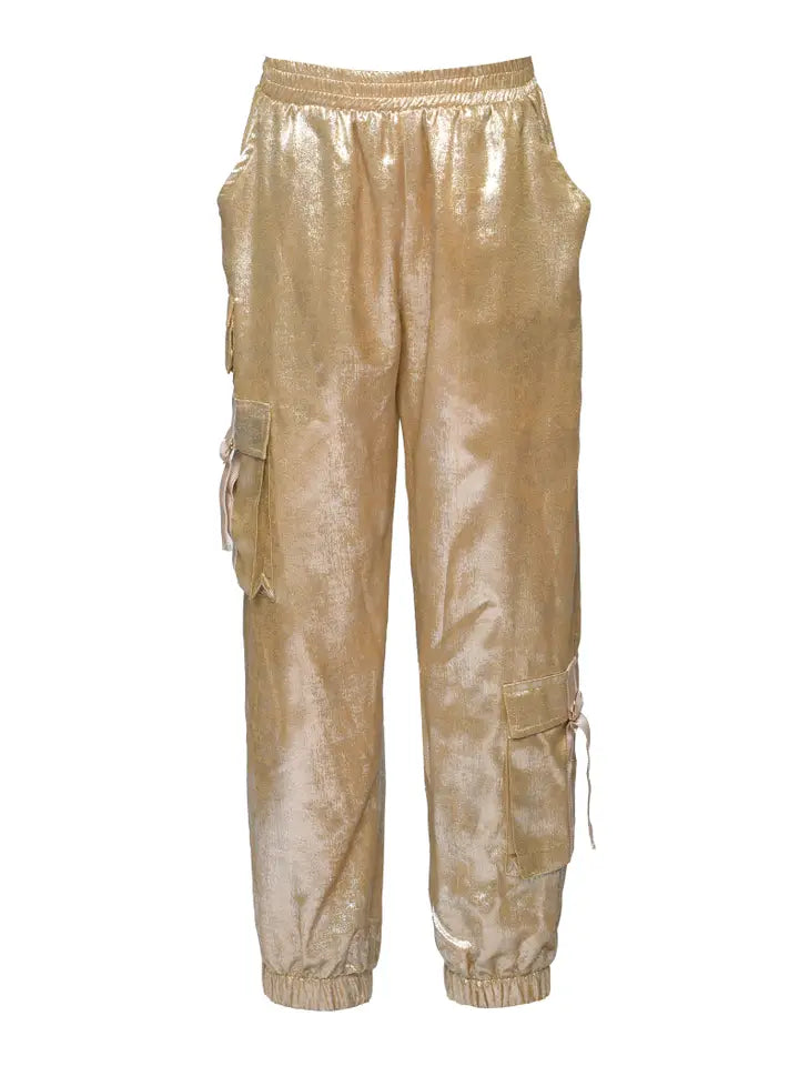 Metallic Cargo Jogger Pants | Gold