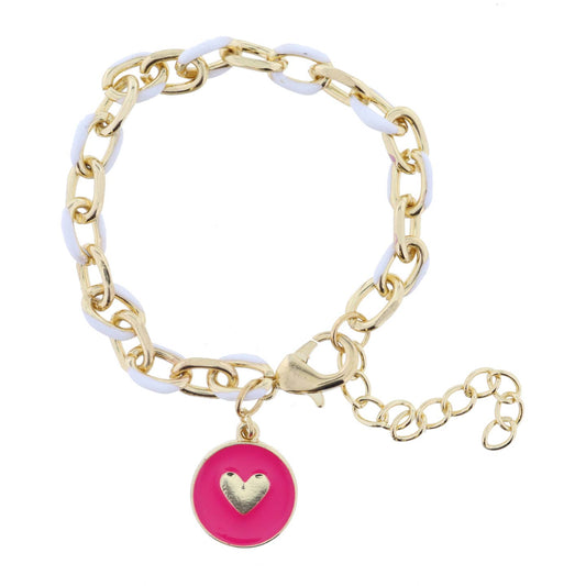 White Chain and Hot Pink Disc with Gold Heart Bracelet