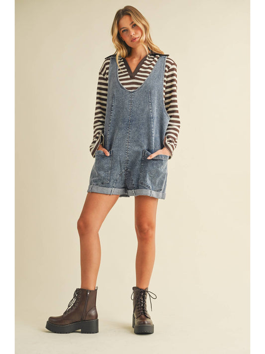 Low Scoop Neckline Oversized Denim Romper