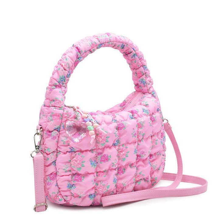 Quilted Scrunchies Floral Printed Mini Hobo Crossbody Bag | Pink