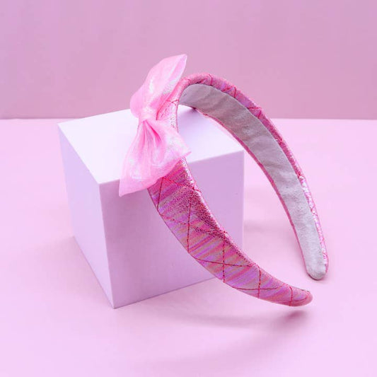 Wide Quilted Bow Headband | Pink Iridescent