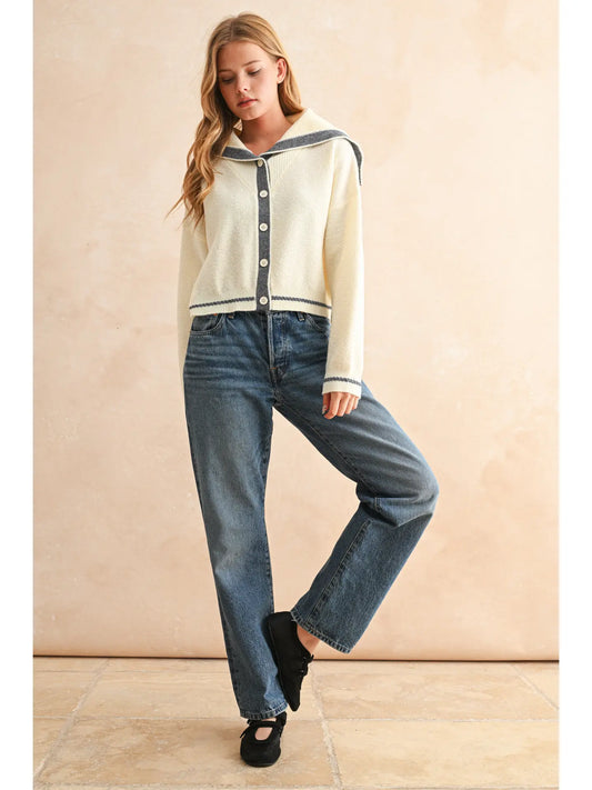 Color Contrast Sailor Style Sweater Cardigan