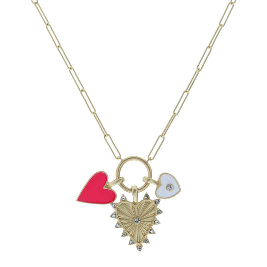 Kids 14" Pink Heart, Crystal Heart, Heart On Circle Necklace