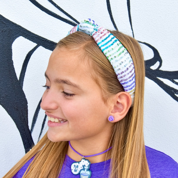Rainbow Confetti Sequin Knot Headband  | White