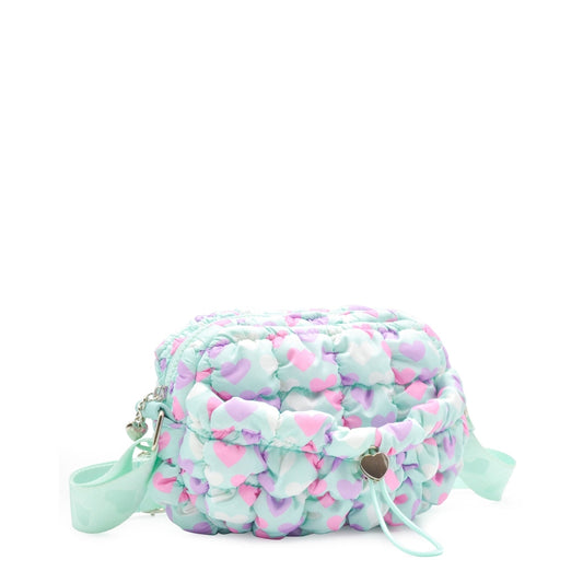 Quilted Scrunchies Printed Mini Drawstring Crossbody Bag | Light Aqua Heart Print