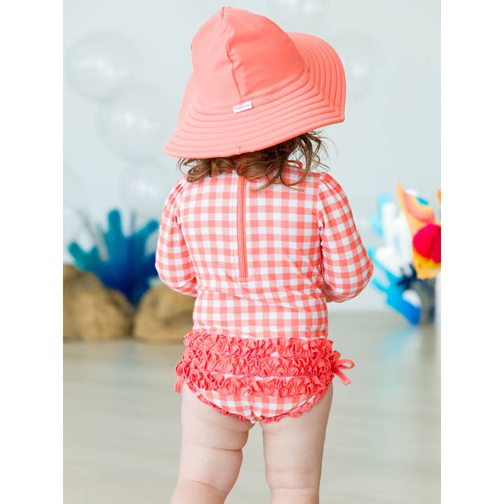 Baby Girls Gingham Long Sleeve One Piece Rash Guard | Coral