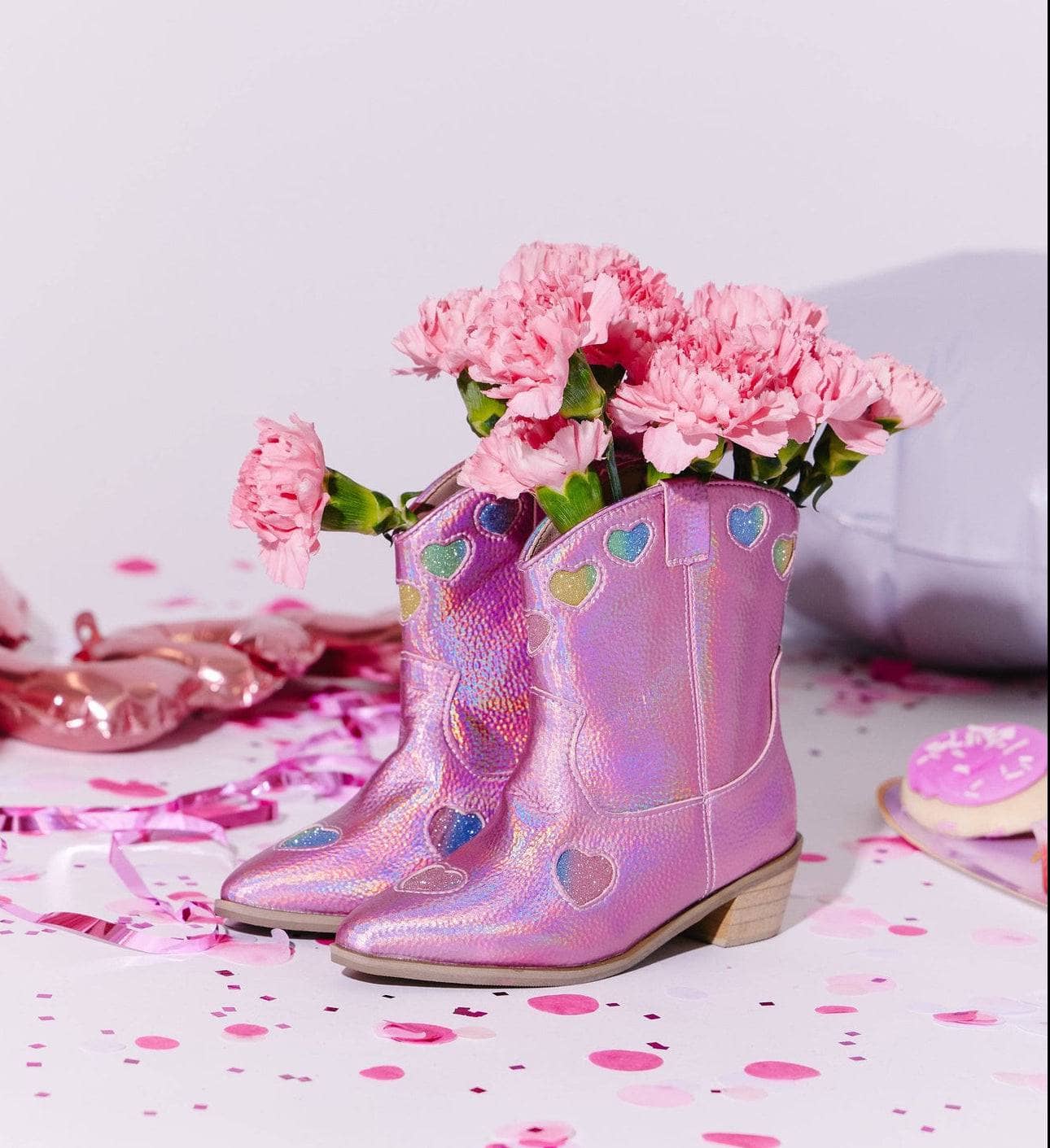 Pink Iridescent Heart Cowgirl Boots