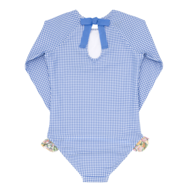 Girls Sky Blue Gingham Rashguard One Piece