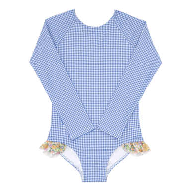 Girls Sky Blue Gingham Rashguard One Piece